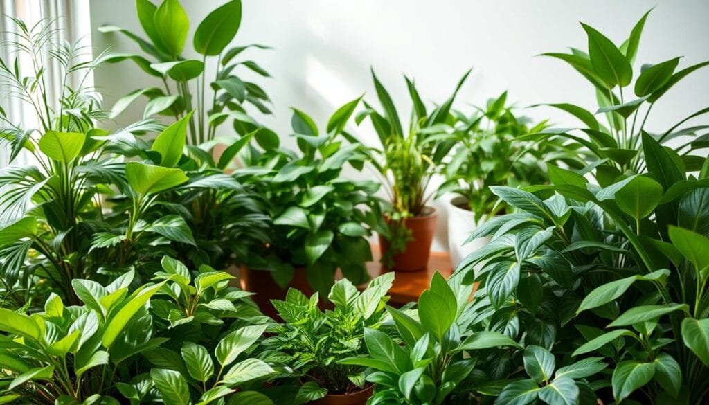 A lush, verdant scene showcasing an array of vibrant houseplants elegantly arranged. The foreground features a collection of diverse foliage, each with distinctive shapes, textures, and shades of green, meticulously selected to thrive in various indoor environments. The middle ground depicts potted plants strategically positioned to maximize the available natural light, casting soft, diffused illumination throughout the scene. The background subtly recedes, hinting at a serene, minimalist interior space, allowing the plants to take center stage. The overall composition exudes a sense of tranquility and harmony, perfectly capturing the essence of choosing the right plants for any indoor setting. A lush, verdant scene showcasing an array of vibrant houseplants elegantly arranged. The foreground features a collection of diverse foliage, each with distinctive shapes, textures, and shades of green, meticulously selected to thrive in various indoor environments. The middle ground depicts potted plants strategically positioned to maximize the available natural light, casting soft, diffused illumination throughout the scene. The background subtly recedes, hinting at a serene, minimalist interior space, allowing the plants to take center stage. The overall composition exudes a sense of tranquility and harmony, perfectly capturing the essence of choosing the right plants for any indoor setting.