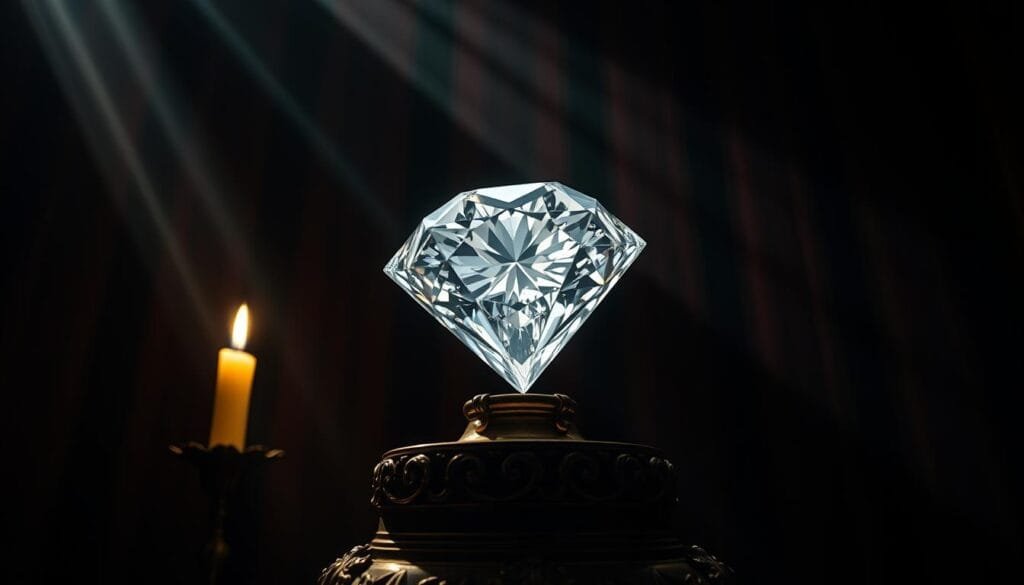 A magnificent diamond set against a luxurious velvet backdrop, its brilliant facets refracting the warm glow of a single candle. The Florentine Diamond, a legendary gemstone once owned by the Medici family, rests on an ornate, gilded pedestal, its mysterious aura palpable. Soft shadows cast by the flickering flame dance across the brocade curtains, heightening the sense of antiquity and grandeur. Beams of light pierce the somber, shadowy chamber, illuminating the diamond's captivating brilliance and the opulent, historical atmosphere. Captured with a wide-angle lens and dramatic chiaroscuro lighting, this image evokes the timeless allure and captivating history of the fabled Florentine Diamond.
