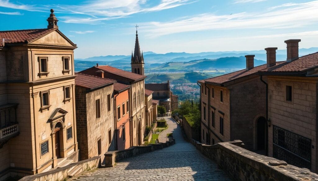 A magnificent historical cultural destination set against a breathtaking landscape. In the foreground, a group of ancient stone buildings with ornate architectural details stand tall, their weathered facades hinting at centuries of history. Soft, diffused light bathes the scene, casting long shadows that add depth and dimension. In the middle ground, a winding cobblestone path leads the viewer's eye towards a towering cathedral, its spires reaching skyward. In the distant background, rolling hills and a vibrant blue sky create a sense of tranquility and timelessness. The overall mood is one of reverence and wonder, inviting the viewer to step back in time and immerse themselves in the rich cultural heritage of this captivating location.