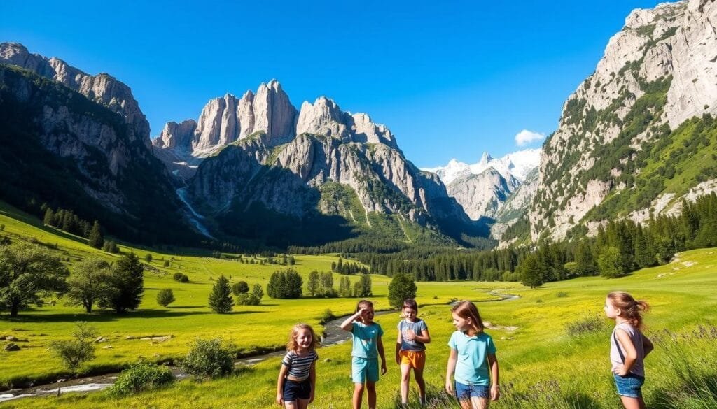 A majestic landscape unfolds, the children's laughter echoing through the verdant meadows of the Ordesa Valley. Towering limestone cliffs cast dramatic shadows upon the scene, their rugged peaks reaching towards the azure sky. Sunlight dapples the crystal-clear streams that wind through the lush foliage, inviting exploration. In the foreground, a group of young adventurers marvel at the natural wonders surrounding them, their faces alight with wonder and curiosity. This idyllic setting, with its breathtaking vistas and sense of adventure, perfectly captures the essence of discovering the hidden gem that is Ordesa, Aragón.