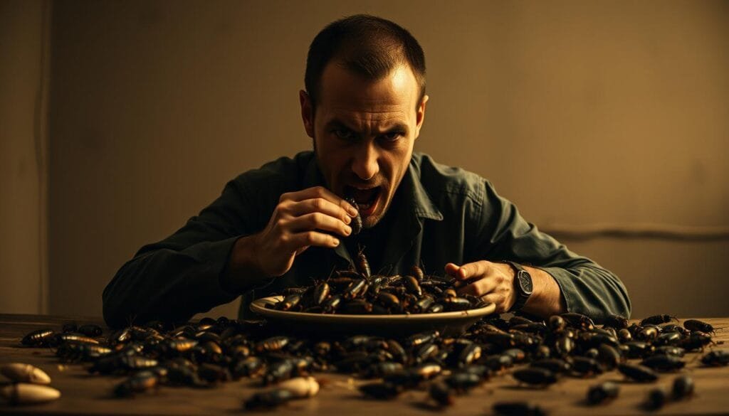 A man sits at a table, carefully devouring an endless swarm of squirming cockroaches, his every movement captured in a cinéma vérité style. The dim, sepia-toned lighting casts deep shadows, emphasizing the intensity of his gaze and the grotesque nature of his act. The table is cluttered with the remains of previous meals, the air thick with the pungent scent of decay. Beyond the table, a blurred, hazy background suggests the anonymous, nondescript setting of this macabre performance. The scene is both captivating and repulsive, a testament to the extremes of human behavior.