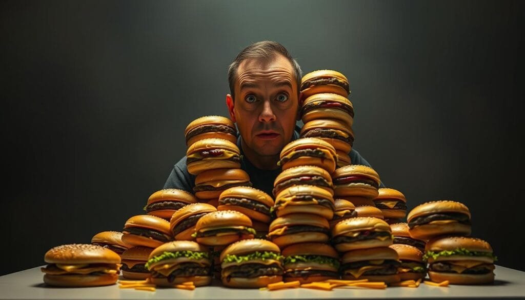 A man sitting at a table, surrounded by a mountain of Big Mac burgers, his eyes wide with a mix of determination and disbelief. The table is set against a dimly lit, hazy background, creating a sense of isolation and focus. The lighting is dramatic, casting shadows that accentuate the man's features and the towering pile of burgers. The scene has a surreal, almost comedic quality, capturing the absurdity of the record-breaking consumption. The man's expression suggests both the enjoyment and the struggle of this unusual feat, creating a thought-provoking and visually striking image.