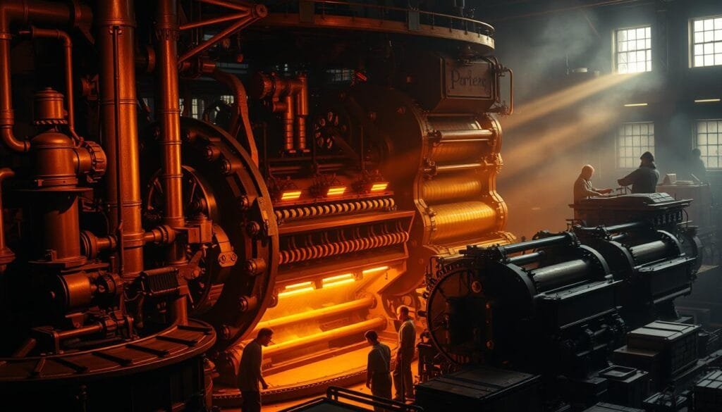A massive steam-powered printing press, its intricate gears and pistons a symphony of industrial might. The press looms in the foreground, bathed in warm, golden light that emanates from its furnace, casting long shadows across the dimly lit workshop. In the middle ground, a team of workers carefully tending to the machine, their faces illuminated by the glow of the press. The background is shrouded in hazy shadows, hinting at the scale and importance of this revolutionary invention that transformed the dissemination of information and ushered in a new cultural era.