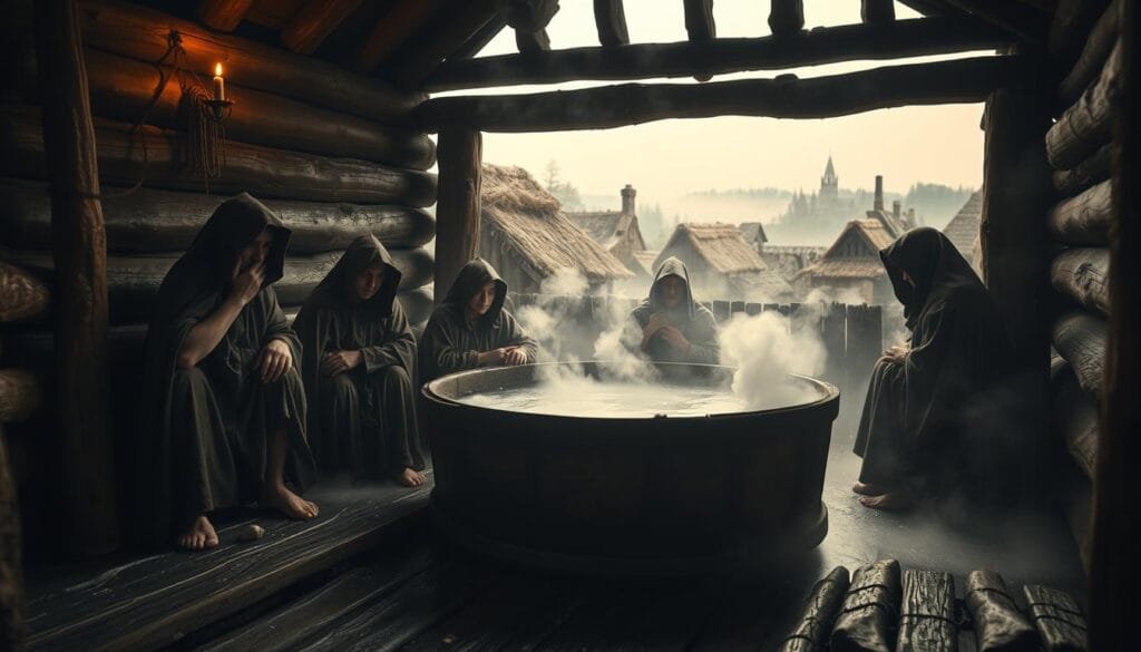 A medieval countryside scene, cloaked figures bathing in a communal tub, steam rising amidst a rustic wooden structure. Rough-hewn floorboards, a single candle casting a warm glow, underscoring the primitive sanitation practices of the era. In the background, a hazy village with thatched-roof houses and a modest church steeple, suggesting the limited access to modern hygiene. The figures exhibit a mix of relaxation and discomfort, capturing the complex realities of personal cleanliness in the Middle Ages, diverging from romanticized depictions. A 50mm lens, natural lighting, and a moody, atmospheric tone convey the subject's historical nuance.