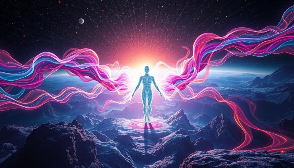 A mesmerizing evolution of musical creation, where artificial intelligence and human artistry converge in a harmonious symphony. In the foreground, a glowing, ethereal figure represents the symbiotic relationship between technology and creativity, its luminous presence casting an aura of transcendent inspiration. Surrounding it, cascading waves of vibrant color and fluid forms symbolize the ever-changing nature of the creative process, pulsing with the energy of endless possibilities. In the background, a vast, cosmic landscape serves as a canvas for this artistic metamorphosis, hinting at the boundless frontiers of musical innovation. Captured with a cinematic, wide-angle lens, the scene conveys a sense of grandeur and wonder, inviting the viewer to immerse themselves in the captivating evolution of musical creation.