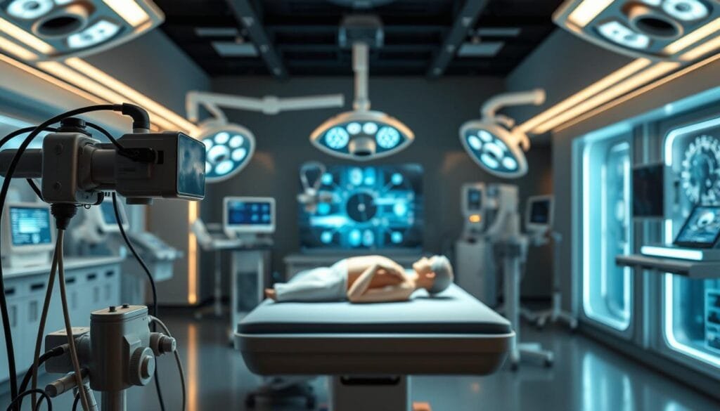 A meticulously crafted surgical simulation lab, bathed in soft, natural lighting. In the foreground, an array of state-of-the-art medical sensors and haptic interfaces, their sleek designs hinting at the advanced technologies they employ. In the middle ground, a surgical training mannequin lies on a modern operating table, ready to be the subject of intricate virtual procedures. The background reveals a blend of futuristic medical equipment and holographic displays, creating an atmosphere of cutting-edge innovation and immersive medical education. The scene conveys a sense of technological prowess and the seamless integration of virtual reality into the future of healthcare.