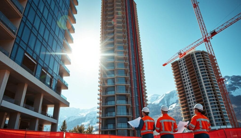 A modern, high-rise building in Chile against a backdrop of snow-capped Andean mountains. The building's exterior showcases the latest seismic-resistant architectural techniques, with reinforced concrete, damping systems, and shock-absorbing foundations. In the foreground, construction workers inspect the building, reviewing blueprints and discussing the stringent safety regulations that now govern the industry. Sunlight filters through the glass facade, creating a sense of transparency and modernity. The scene conveys a commitment to public safety and the progress made in improving construction practices after the devastating 1960 Valdivia earthquake.