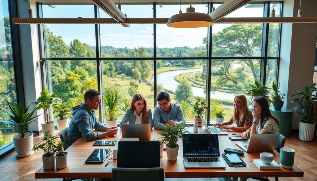 A modern, vibrant office interior with a large window overlooking a lush, verdant landscape. In the foreground, a group of colleagues gathered around a table, engaged in a lively discussion, their faces lit by warm, natural lighting. On the table, various sustainable tech devices - sleek laptops, wireless chargers, and paperless tablets - are neatly arranged. The middle ground features an array of potted plants, energy-efficient lighting fixtures, and recycling bins, showcasing the eco-friendly ethos of the workspace. In the background, the outdoor scene is visible through the window, with towering trees, a winding river, and a clear, blue sky, emphasizing the harmony between the built environment and nature. The overall atmosphere conveys a sense of productivity, innovation, and environmental consciousness.
