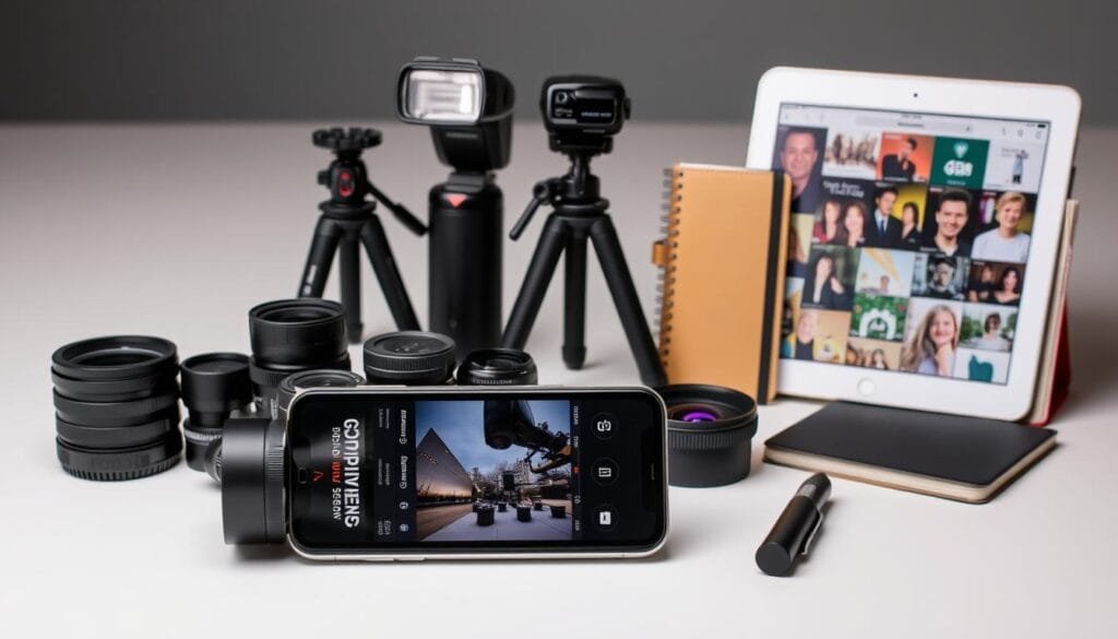 A neatly arranged still life showcasing an assortment of essential mobile photography tools. In the foreground, a high-quality smartphone with a variety of interchangeable camera lenses and filters. In the middle ground, a portable tripod, a compact external flash unit, and a sleek wireless remote shutter release. In the background, a collection of popular mobile photography editing apps displayed on a tablet device, along with a small notebook and pen for capturing creative ideas. The lighting is soft and diffused, highlighting the professional-grade quality of the gear. The overall scene conveys a sense of artistry, creativity, and the power of mobile photography.