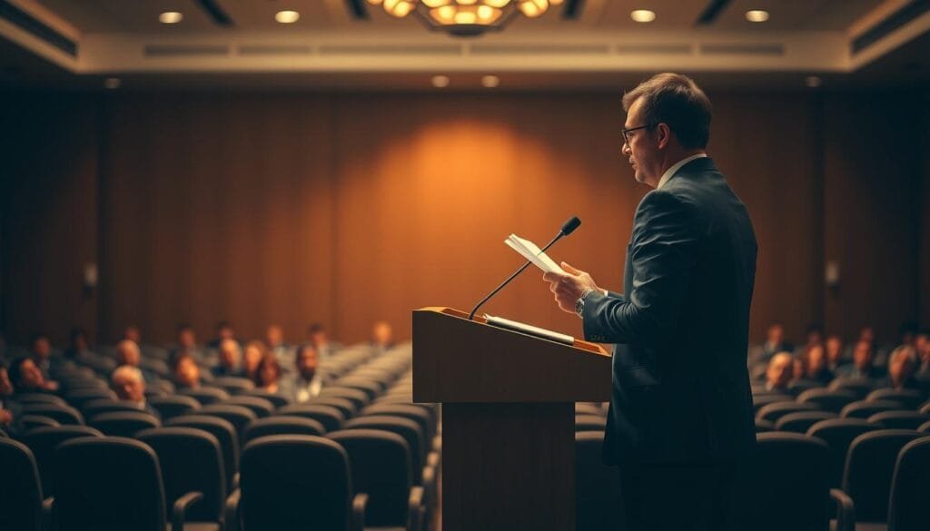 A person standing at a podium, preparing to deliver a public speech. The backdrop is a well-lit, professional-looking conference room, with rows of chairs facing the podium. The speaker is carefully reviewing their notes, their expression focused and determined. Soft, warm lighting illuminates the scene, creating a sense of anticipation and gravity. The composition is balanced, with the podium and speaker occupying the central focus, and the audience seating framing the scene. The overall atmosphere conveys a sense of professionalism, preparation, and the importance of the upcoming address. A person standing at a podium, preparing to deliver a public speech. The backdrop is a well-lit, professional-looking conference room, with rows of chairs facing the podium. The speaker is carefully reviewing their notes, their expression focused and determined. Soft, warm lighting illuminates the scene, creating a sense of anticipation and gravity. The composition is balanced, with the podium and speaker occupying the central focus, and the audience seating framing the scene. The overall atmosphere conveys a sense of professionalism, preparation, and the importance of the upcoming address.
