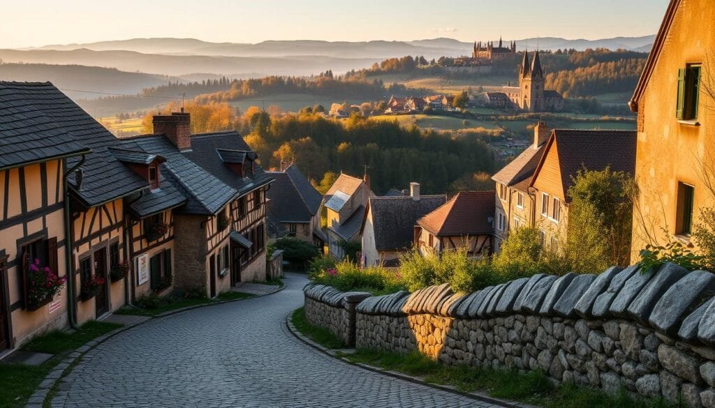 A picturesque European countryside landscape, bathed in warm, golden hour lighting. In the foreground, a winding cobblestone road leads viewers through a charming medieval village, with quaint half-timbered houses, flower-filled window boxes, and weathered stone walls. In the middle ground, rolling hills and lush forests create a sense of depth and tranquility. In the distance, the silhouettes of ancient cathedrals and castles dot the horizon, hinting at the rich historical legacy of the region. The scene evokes a timeless, nostalgic ambiance, inviting the viewer to step back in time and experience the enchanting allure of Europe's heritage.