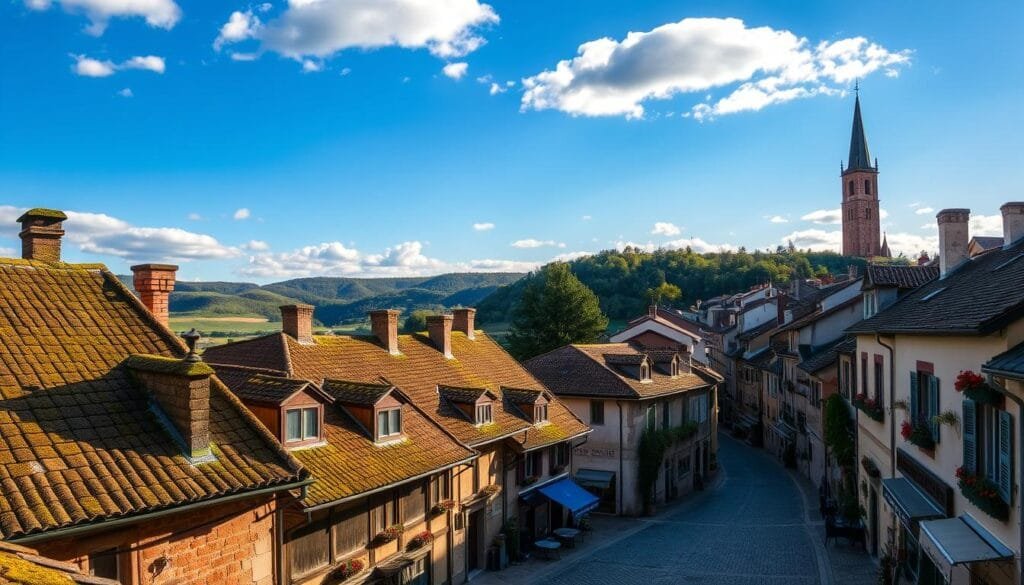 A picturesque European town nestled in rolling hills, its charming cobblestone streets and historic architecture bathed in warm afternoon light. Moss-covered rooftops and colorful window boxes add quaint character, while in the distance, a medieval cathedral tower rises majestically against a cloudless azure sky. Cozy cafes and local shops beckon along the tranquil plazas, inviting visitors to explore this hidden gem away from the crowds, a true UNESCO World Heritage treasure.