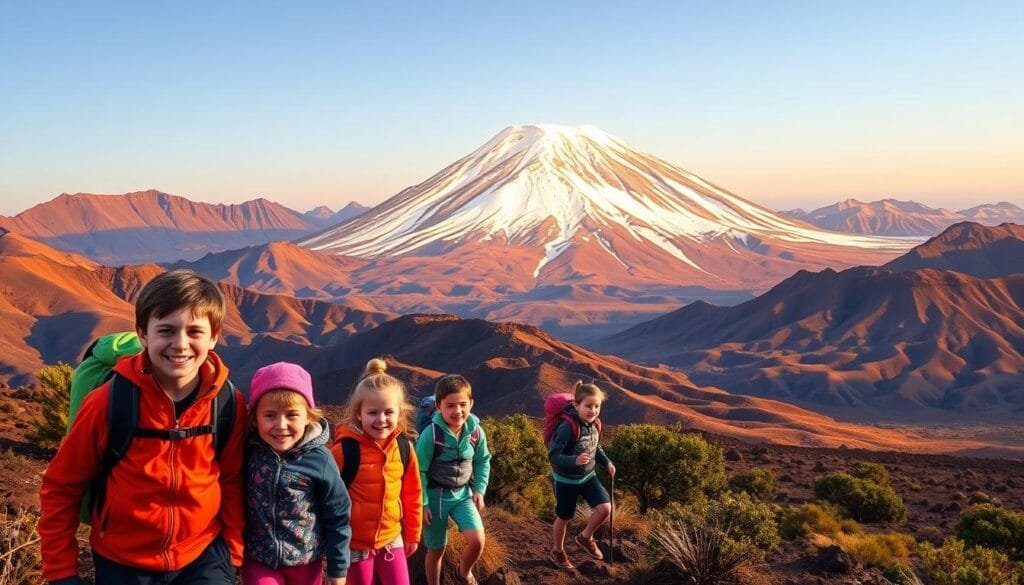 A picturesque scene of the Parque Nacional de El Teide, Tenerife, with a group of children exploring the awe-inspiring volcanic landscape. In the foreground, a family of hikers, their vibrant attire and curiosity-filled expressions capturing the essence of adventure. The middle ground features the iconic towering peak of Mount Teide, its snow-capped summit bathed in warm, golden light, creating a sense of grandeur and wonder. In the background, rolling hills and rugged cliffs, dotted with lush vegetation, form a stunning natural backdrop. The overall mood conveys a harmonious balance between the majestic natural surroundings and the joyful, carefree exploration of young adventurers.