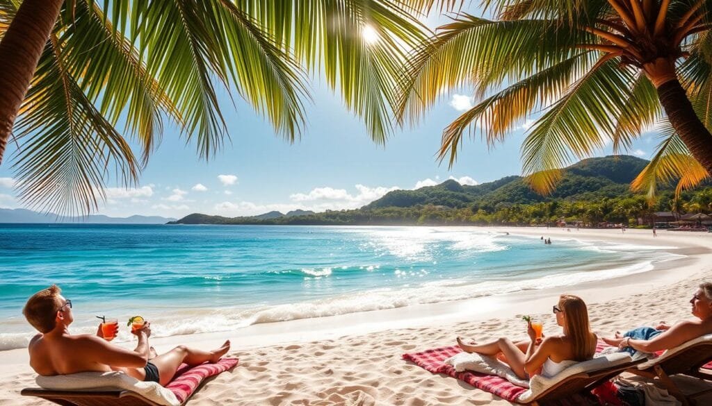 A pristine white sand beach in the heart of Costa Rica's tropical paradise, Arena Blanca. The sun's golden rays filter through swaying palm fronds, casting a warm glow over the gently lapping turquoise waves. In the distance, lush green hills rise up, framing the idyllic scene. Beachgoers lounge on plush towels, sipping refreshing cocktails as they take in the serene, picturesque landscape. Capture the essence of this Costa Rican gem, a true embodiment of the country's stunning natural beauty and laid-back, beach-centric lifestyle.
