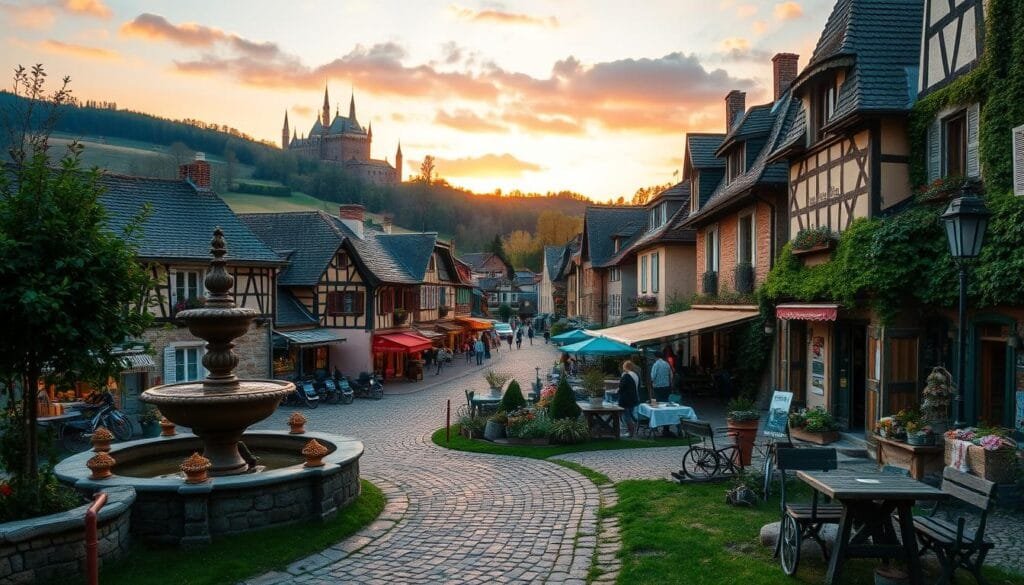 A quaint European village nestled in the rolling hills, its charming cobblestone streets and half-timbered houses bathed in the golden glow of a setting sun. In the foreground, a winding path leads past a centuries-old fountain, inviting the viewer to explore the hidden gems and untrodden trails that await beyond the town's edge. The middle ground features a bustling marketplace, vendors selling local produce and artisanal crafts, while in the distance, a majestic castle stands sentinel on a hilltop, its spires reaching towards a sky painted in shades of peach and lavender. The overall atmosphere conveys a sense of timeless wonder, of the thrill of discovery and the allure of the road less traveled.