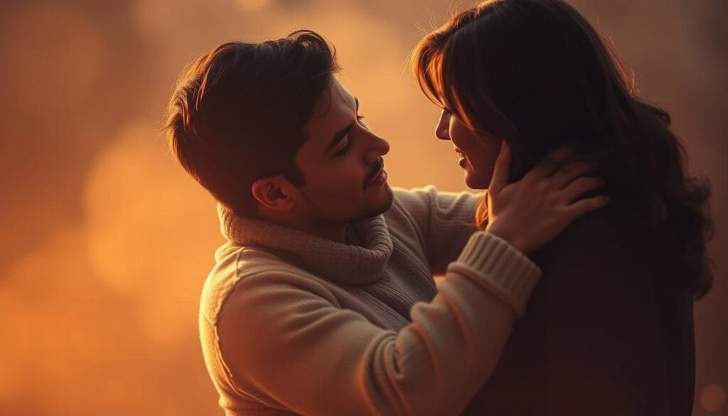 A romantic couple sharing a intimate moment together, cuddling and gazing into each other's eyes against a warm, softly-lit background with a sense of tranquility and timelessness. The pair are tenderly embracing, conveying a deep connection and affection. The scene has a hazy, dreamlike quality, with muted colors and a shallow depth of field that draws the viewer's focus to the lovers. Warm, golden lighting subtly illuminates their faces, creating a sense of intimacy and serenity. The overall mood is one of cherished time spent together, capturing the essence of "momentos especiales en pareja".