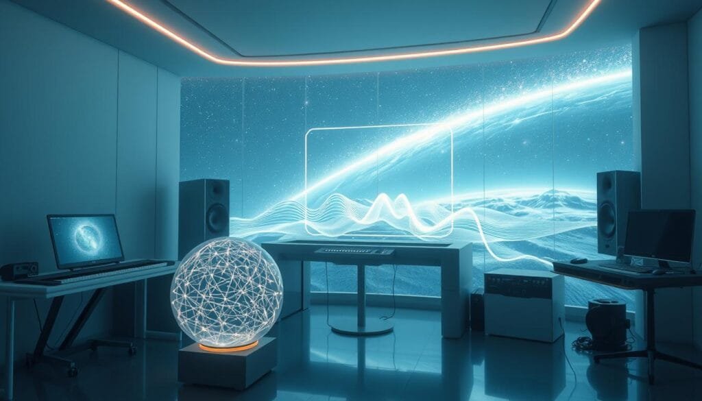 A serene and immersive visualization of AI-generated soundtracks, featuring a futuristic music studio with sleek, minimalist equipment. In the foreground, a glowing sphere of energy pulsates with patterns of light, symbolizing the generative power of artificial intelligence. The middle ground showcases a holographic display projecting undulating sound waves, while the background depicts a vast, expansive space with distant galaxies and celestial bodies, suggesting the boundless creative potential of this emerging technology. The lighting is soft and ambient, creating a contemplative atmosphere that invites the viewer to ponder the symbiosis between human artistic expression and machine-driven innovation.