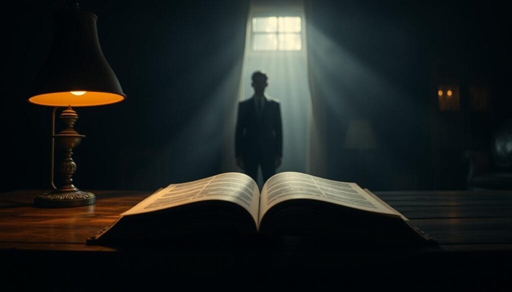 A serene, dimly lit room with a sense of mystery and introspection. In the foreground, an open book lies on a wooden table, its pages gently illuminated by a soft, warm glow. Beside it, a vintage lamp casts a halo of light, creating an atmosphere of contemplation. In the middle ground, a figure stands in the shadows, their face obscured, pondering the origins of the "Mandela Effect" - the phenomenon of collective false memories. The background is shrouded in a veil of darkness, hinting at the elusive nature of our recollections and the depths of the human mind.