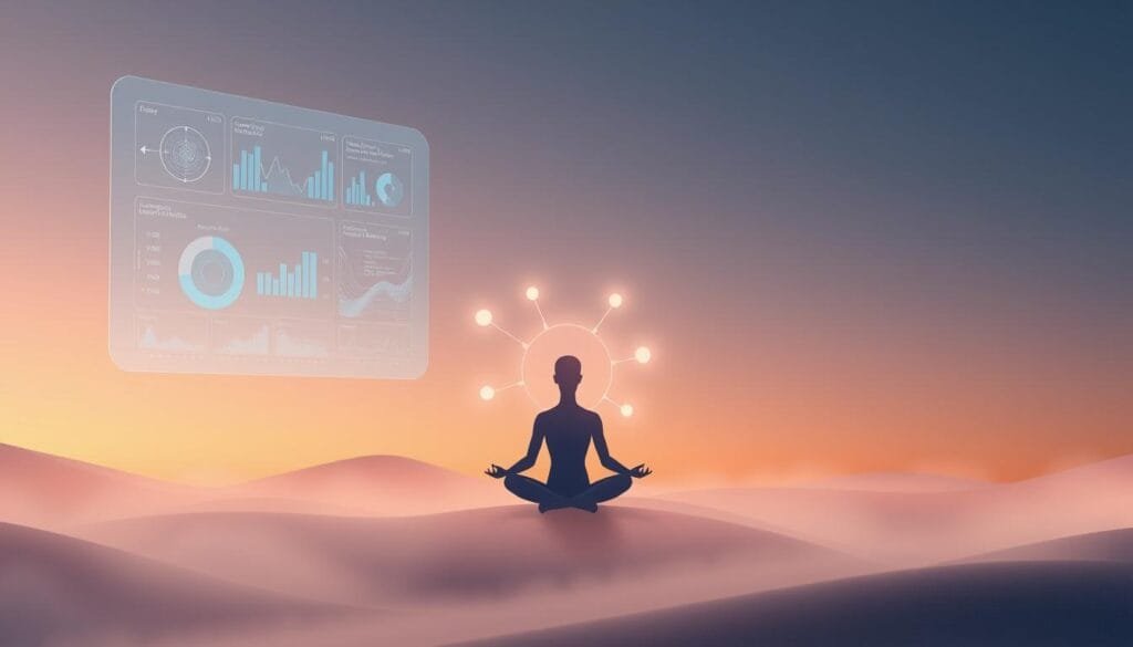 A serene, minimalist illustration depicting the core principles of biological optimization. A sleek, futuristic interface floats in the foreground, displaying elegant visualizations and data metrics related to human biology and performance. In the middle ground, a stylized human figure meditates, surrounded by glowing orbs and geometric wireframes, representing the interconnected systems of the body. The background is a subtly hued, dreamlike landscape, evoking a sense of harmony and balance. Soft, diffused lighting casts a warm, contemplative atmosphere. The overall composition conveys the idea of harnessing technology and science to enhance and optimize one's own biology.