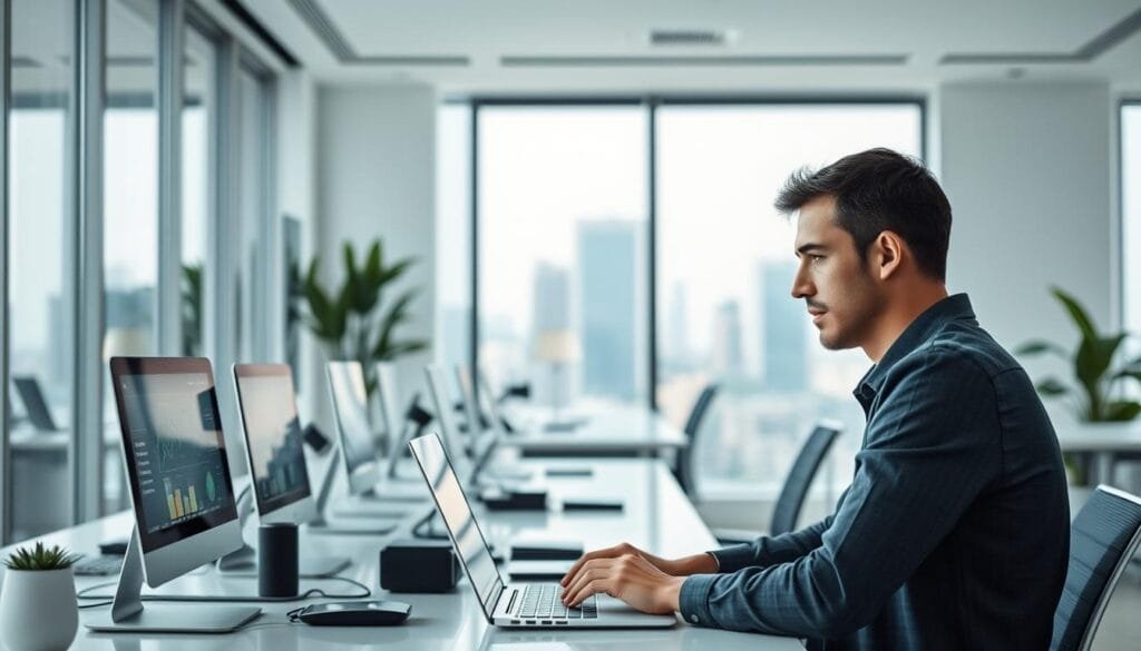 A serene, modern office space with clean lines and natural light. In the foreground, a person sits at a desk, intently focused on a laptop screen, their face reflecting a thoughtful, concentrated expression. In the middle ground, various smart devices and digital interfaces are seamlessly integrated into the workspace, hinting at the gradual implementation of AI-powered tools. The background reveals a partially visible city skyline, suggesting the broader integration of AI within the fabric of daily life. The overall atmosphere conveys a sense of productive efficiency and quiet innovation, capturing the essence of "Implementing AI in Everyday Life".