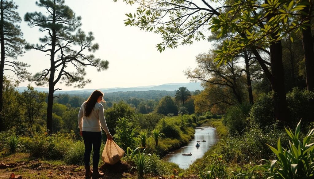 A serene nature scene depicting eco-friendly activities in an ecotourism setting. In the foreground, a person engages in sustainable practices like collecting litter, planting seedlings, or birdwatching. The middle ground showcases a lush, untouched landscape with towering trees, vibrant foliage, and a tranquil stream or pond. In the background, distant rolling hills and a clear, expansive sky create a sense of harmony and balance. The lighting is soft and diffused, evoking a peaceful, contemplative mood. The overall composition emphasizes the coexistence of human and natural elements, promoting an environmentally conscious and sustainable ecotourism experience.