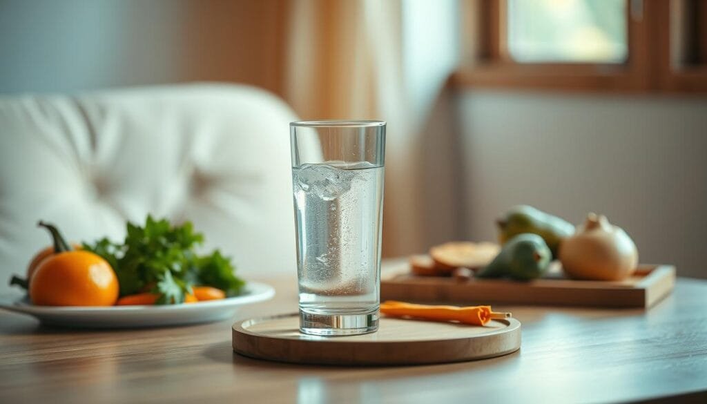 A serene, well-lit scene depicting a table with a glass of clear, refreshing "agua potable" (drinking water) and a selection of "alimentos seguros" (safe, wholesome foods). The table is set against a soft, blurred background, suggesting a relaxed, comfortable environment. The lighting is warm and natural, casting a gentle glow on the carefully arranged items. The composition emphasizes the centrality and importance of the water and food, conveying a sense of health, safety, and nourishment. The overall mood is one of tranquility, sustenance, and well-being, reflecting the themes of the article section on staying hydrated and consuming safe, nutritious meals while traveling in Latin America.