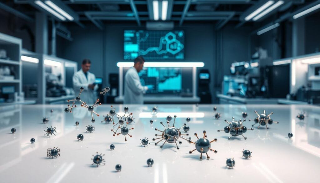A sleek, futuristic laboratory setting showcasing the diverse applications of nanotechnology. In the foreground, an array of intricate nanodevices and molecular structures hover above a glossy, reflective surface, illuminated by soft, directional lighting. The middle ground features scientists in white coats, thoughtfully examining data displayed on holographic screens, while in the background, advanced equipment and machinery suggest the transformative potential of this emerging field. An atmosphere of innovation, precision, and scientific discovery permeates the scene, capturing the essence of how nanotechnology is revolutionizing science and industry.