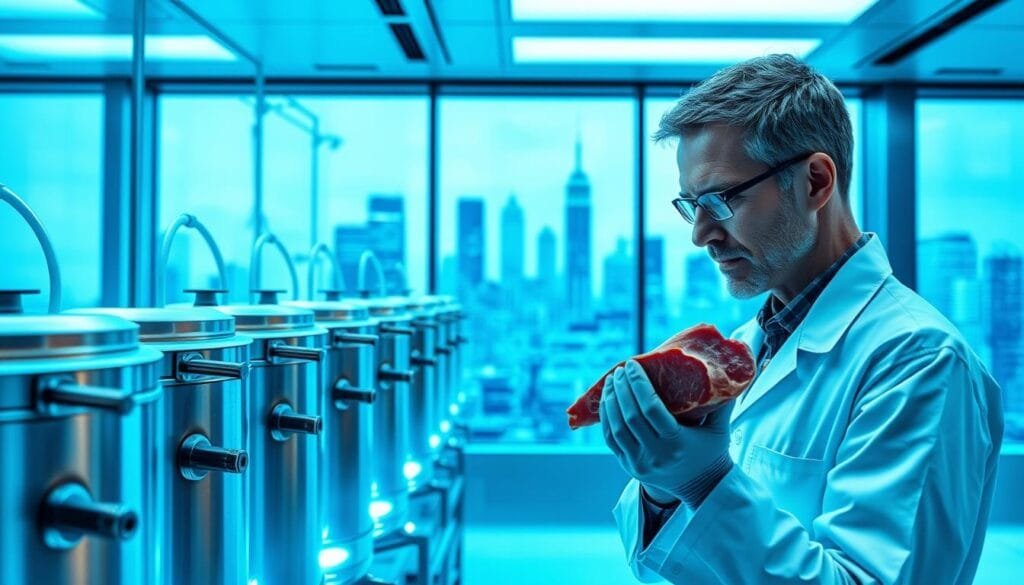 A sleek, futuristic laboratory setting with rows of stainless steel bioreactors, glowing with an ethereal blue light. In the foreground, a scientist in a pristine white lab coat meticulously examines a sample of cultured meat, its texture and marbling visible under the bright, diffuse lighting. The background features a panoramic window overlooking a skyline of gleaming skyscrapers, hinting at the city's technological prowess. The image conveys a sense of scientific innovation and the promise of a sustainable, lab-grown future for food production.