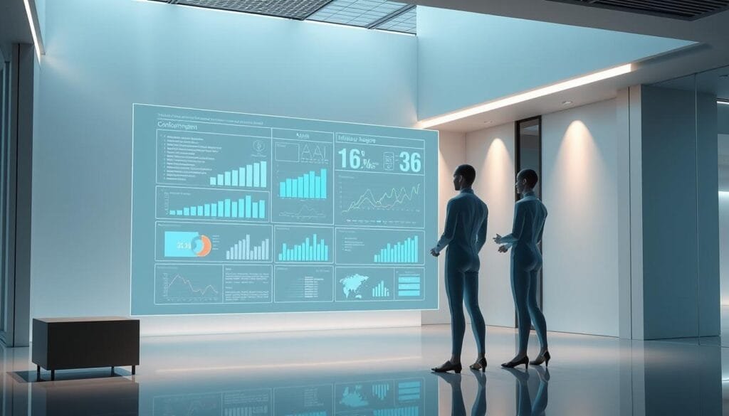 A sleek, modern office setting with a team of intelligent artificial agents collaborating on a large holographic display. The agents, represented as elegant abstract shapes, are engaged in dynamic data analysis and visualizations. Soft, directional lighting illuminates the scene, creating a sense of depth and sophistication. The background features minimalist architectural elements, conveying a futuristic, tech-forward atmosphere. The agents seamlessly interface with the display, showcasing the power and versatility of intelligent systems in streamlining workflows and decision-making processes.