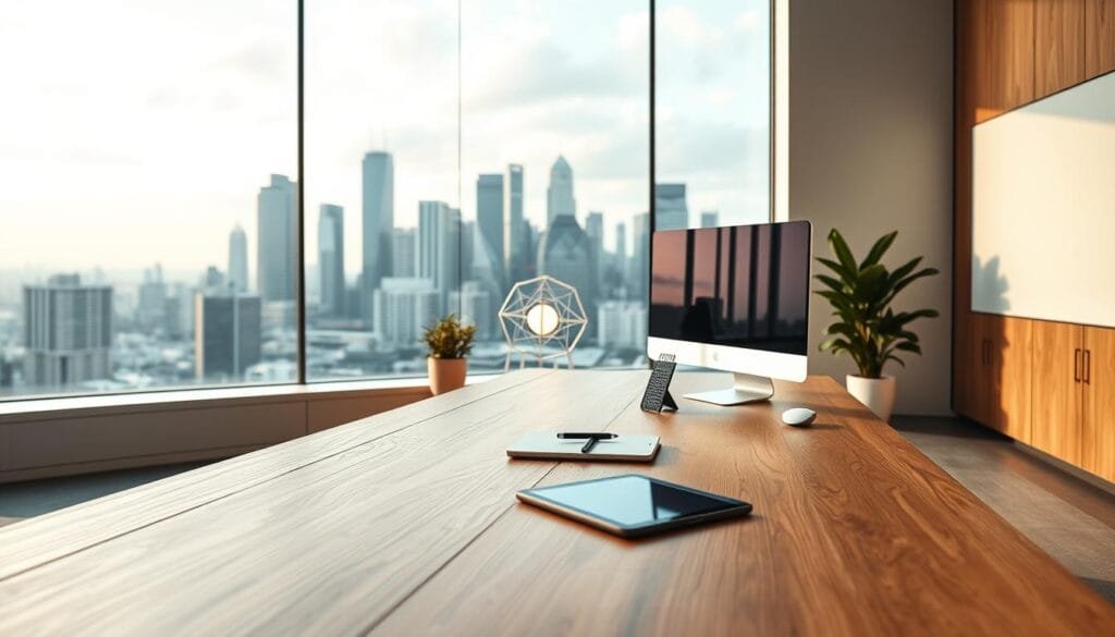 A sleek, modern office with a large, light-filled window overlooking a bustling city skyline. In the foreground, a deep oak desk with a state-of-the-art computer setup, clean lines, and minimal clutter. On the desk, a tablet and stylus, representing the seamless integration of AI-powered content management. In the middle ground, a potted plant and a minimalist, geometric lamp casting a warm glow. The background features abstract data visualizations and AI-generated graphics, hinting at the advanced algorithms powering the content workflows. The overall mood is one of efficient, innovative content management, blending technology and human creativity.