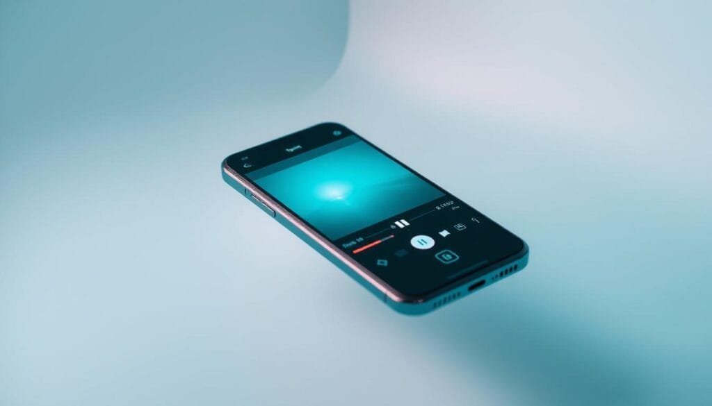 A smartphone floating in a minimalist, teal-hued scene, its screen displaying a sleek, touch-based mobile photo editing interface. The device is surrounded by subtly glowing interface elements, icons, and color adjustment sliders, conveying a sense of digital precision and control. Soft, diffused lighting illuminates the composition, creating an atmosphere of digital artistry and post-processing mastery. The overall mood is one of modern, mobile-focused creativity, with the smartphone as the central tool for enhancing and refining photographic images on-the-go.