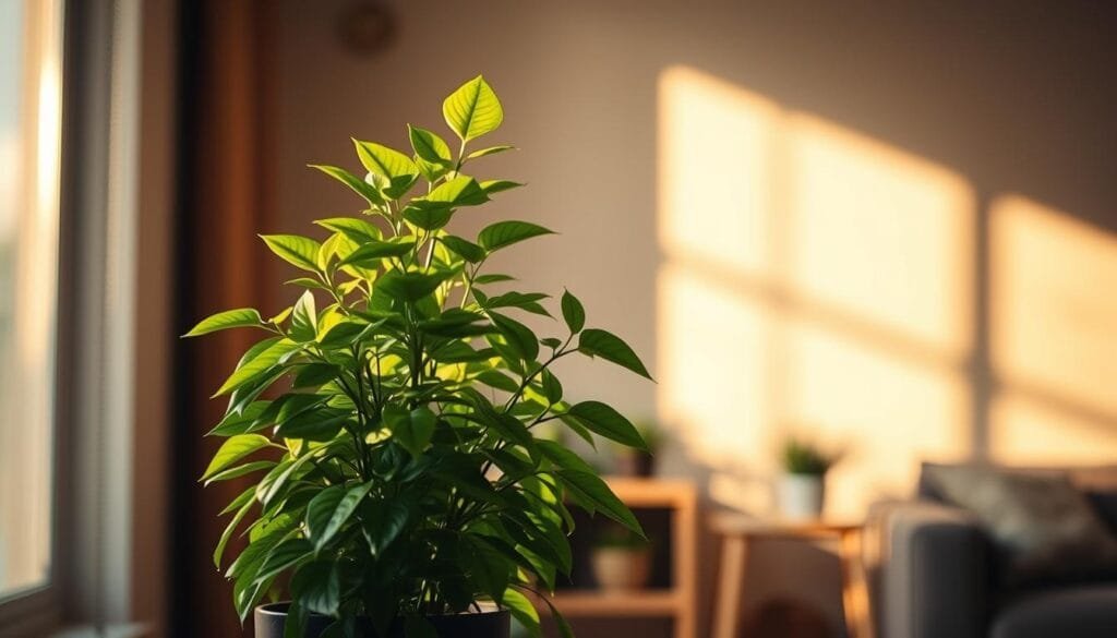 A softly lit indoor plant scene, capturing the essence of "indirect lighting for indoor plants". In the foreground, a lush, verdant potted plant stands in a warm pool of natural light filtering through a nearby window. Gentle shadows play across the leaves, hinting at the three-dimensional forms. The middle ground features a simple, minimalist plant stand or shelf, allowing the foliage to be the focus. The background is blurred, suggesting a cozy, domestic interior - perhaps a living room or study, with muted, earthy tones. Soft, diffused illumination bathes the scene, creating an atmosphere of tranquility and nurturing growth, perfect for an article on caring for indoor plants.