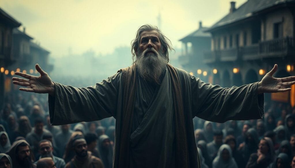 A solemn, weathered prophet stands with outstretched arms, his robe billowing in the wind, gazing intently at a crowd of people before him. Soft, diffused light illuminates his weathered, pensive face, conveying a sense of deep contemplation and otherworldly insight. In the background, a dimly lit town square is filled with a throng of people, their faces upturned, captivated by the prophet's words. The scene exudes an air of reverence and devotion, capturing the profound influence of a visionary figure on the lives of the common people.