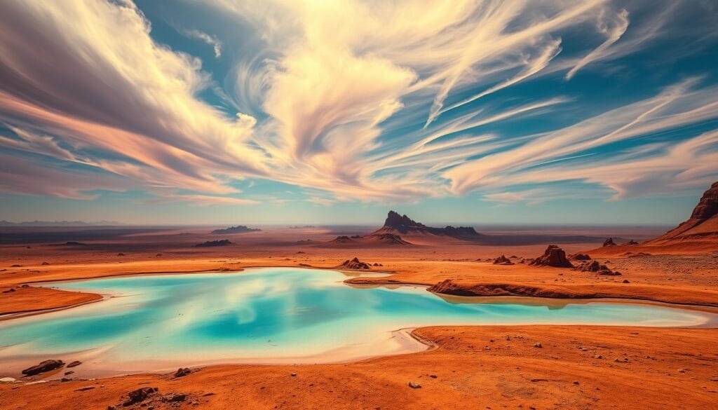 A sprawling alien landscape under a vibrant, multi-hued sky. In the foreground, a glistening, turquoise-tinted pool of water reflects the ethereal, cloud-like formations above. Wispy tendrils of water vapor drift lazily, casting a serene, otherworldly atmosphere. In the middle distance, rugged, rust-colored terrain undulates, dotted with jagged rock formations. A low, hazy horizon suggests the presence of distant, enigmatic exoplanets. The lighting is soft, diffused, creating an almost dreamlike quality. The scene is captured through a wide-angle lens, emphasizing the grand, expansive scale of this extraterrestrial oasis.