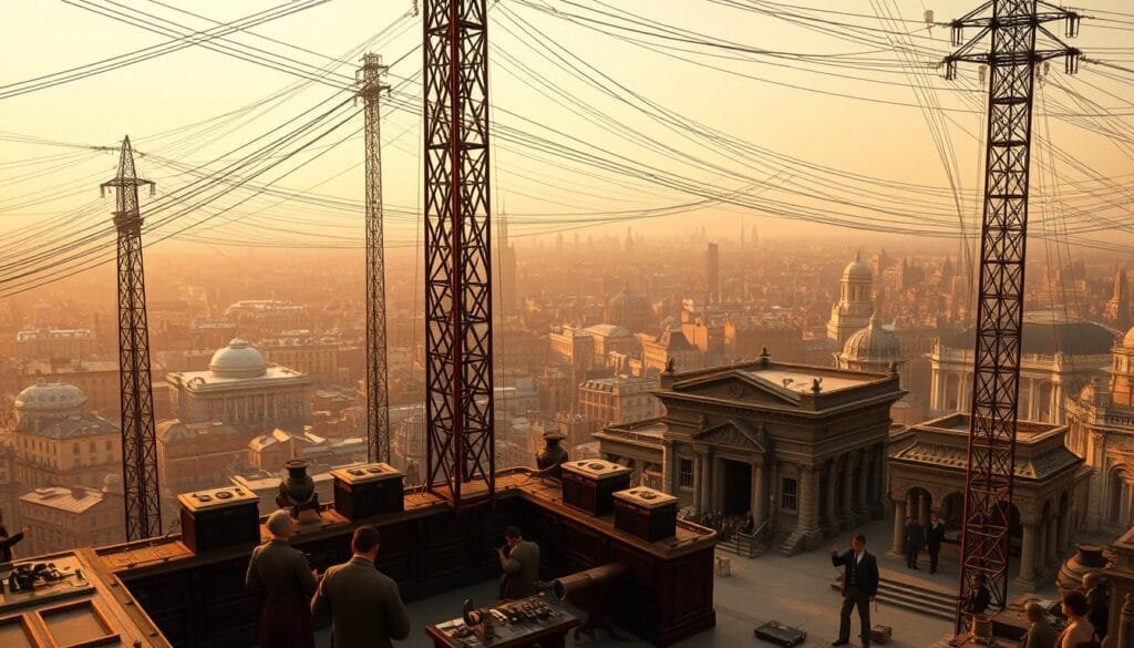 A sprawling telegraph station in the heart of an ancient metropolis, its towering poles and intricate network of wires stretching across a bustling cityscape. The foreground features a group of 19th-century figures gathered around the main control console, their faces alight with wonder as they orchestrate the flow of communications. The middle ground reveals the grand architecture of the station, its ornate facade and ornamental details casting long shadows in the warm, golden light of dusk. In the background, the city skyline fades into the distance, dotted with the silhouettes of other telegraph towers, signaling the dawn of a new era of global connectivity.