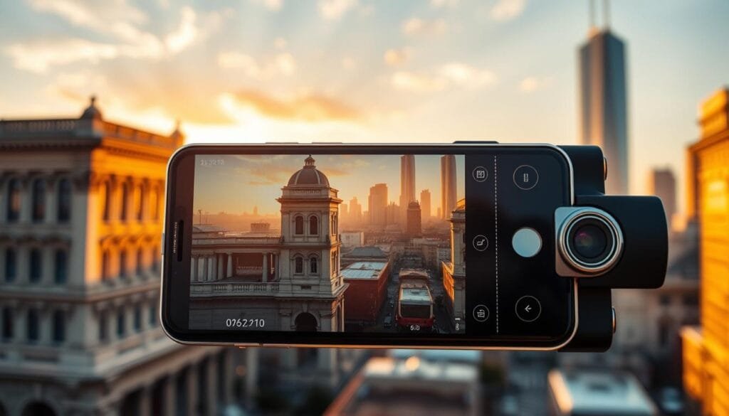 A state-of-the-art mobile camera system, with advanced sensors and lenses, capturing a vibrant cityscape. Sleek, high-end smartphone in the foreground, showcasing its powerful imaging capabilities. Detailed architectural elements and dynamic urban scenery in the middle ground, bathed in warm, golden afternoon light. Distinctive skyline in the background, hinting at the camera's wide-angle versatility. The overall scene exudes a sense of technological sophistication and the mobile device's potential to produce professional-grade photography.