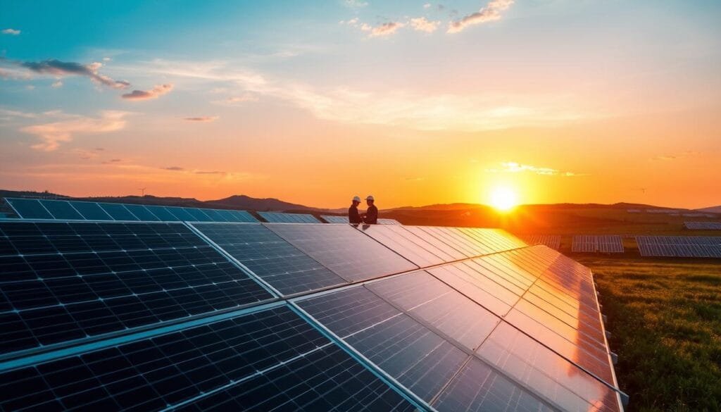 A striking solar panel installation set against a vibrant sunset sky. The foreground features a sleek, modern array of photovoltaic panels angled to maximize light capture. Their clean, geometric lines contrast with the lush greenery of a nearby field. In the middle ground, a pair of technicians conducts maintenance, their silhouettes backlit by the warm, golden glow of the fading sun. The background is dominated by rolling hills dotted with additional solar farms, creating a sense of scale and the scope of renewable energy innovation. The lighting is soft and directional, casting long shadows and highlighting the textural details of the panels. An air of technological progress and environmental consciousness permeates the scene.