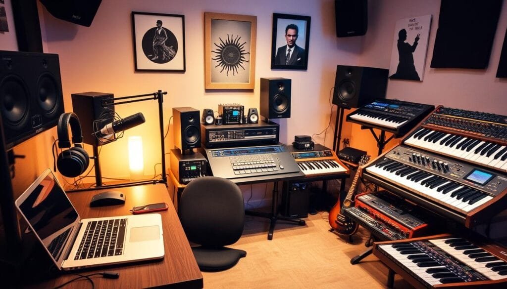 A studio workspace filled with a variety of essential music production tools - a sleek laptop, a high-end microphone, studio headphones, an audio interface, a MIDI keyboard, mixing console, and several analog synthesizers. The space is bathed in a warm, ambient lighting, creating a cozy, creative atmosphere. The arrangement of the equipment suggests a carefully curated workspace designed for maximum efficiency and inspiration. The overall scene conveys the notion of a modern, fully-equipped home recording studio, ready to facilitate the exploration and creation of innovative musical compositions.