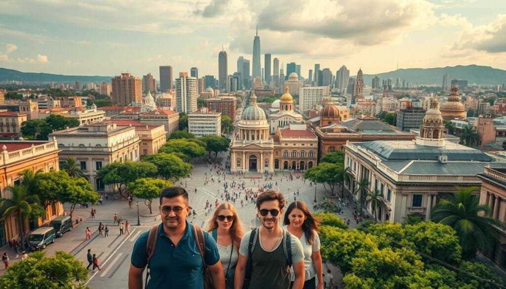 A stunning aerial cityscape of a vibrant Latin American metropolis, with bustling streets, iconic architecture, and lush greenery. In the foreground, a group of savvy travelers navigates the urban landscape, employing strategic positioning, situational awareness, and discreet security measures. The middle ground features a mix of locals and tourists, going about their daily lives with a sense of ease and confidence. In the background, towering skyscrapers and historic landmarks create a striking skyline, bathed in a warm, golden light that lends an air of tranquility and security to the scene. The overall atmosphere conveys a balance of adventure, cultural immersion, and responsible, well-informed travel through Latin America.