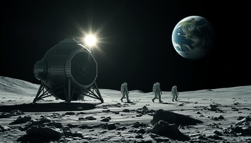 A stunning, high-resolution image of the Artemis lunar mission in progress. The foreground features a majestic, next-generation Lunar Exploration Module, its sleek, metallic exterior gleaming under the harsh sunlight. In the middle ground, a team of astronauts carefully navigates the rocky, cratered lunar surface, their advanced spacesuits protecting them from the harsh environment. In the distant background, the Earth looms large, a vibrant blue orb suspended against the inky black void of space. The scene conveys a sense of awe, wonder, and humanity's relentless drive to explore the cosmos, pushing the boundaries of what is possible. Soft, dramatic lighting illuminates the entire composition, creating a cinematic, almost ethereal atmosphere.