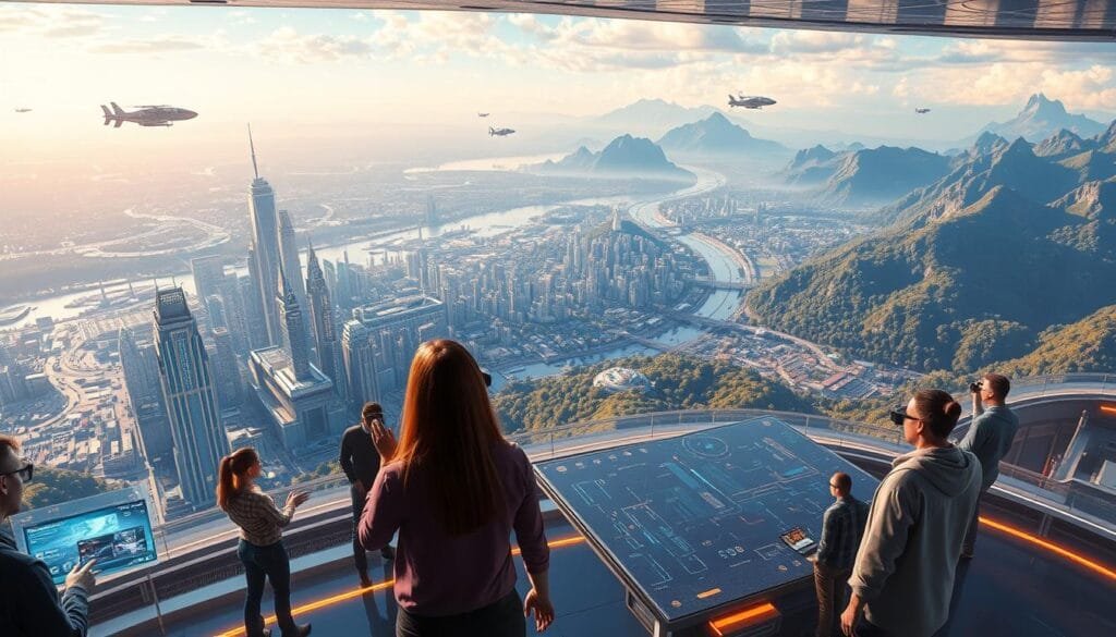 A stunning, immersive metaverse experience, showcasing a vibrant 3D virtual world. In the foreground, a group of people engage in a collaborative, holographic workspace, seamlessly interacting with digital interfaces and virtual objects. The middle ground reveals a bustling, futuristic cityscape, with gleaming skyscrapers and hovercraft zipping through the air. In the background, a breathtaking landscape unfolds, featuring verdant forests, shimmering lakes, and towering mountains. The scene is bathed in a warm, golden glow, creating a serene and captivating atmosphere. Highly detailed, with a focus on photorealistic textures, dynamic lighting, and a sense of depth and scale, this image showcases the immense potential of metaverse technologies to transform how we work, play, and experience the world around us.