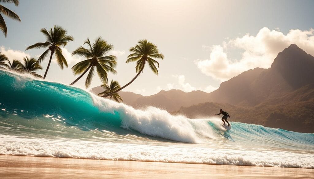 A sun-drenched tropical paradise, where azure waves crash against golden sands. In the foreground, a surfer rides a towering barrel, their silhouette etched against the sparkling ocean. In the middle ground, lush palm trees sway gently in the coastal breeze, their fronds casting playful shadows on the shore. In the distance, rugged mountains rise, their peaks shrouded in wispy clouds. The scene is bathed in warm, golden light, evoking a sense of adventure and relaxation. The composition captures the essence of Costa Rica's vibrant coastal lifestyle, where the thrill of surfing meets the tranquility of a tropical oasis.