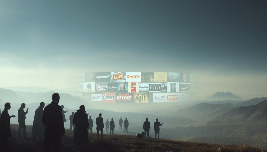 A surreal, dreamlike scene depicting several examples of the Mandela effect. In the foreground, faint ghostly figures of people from different eras and locations appear to be reflecting on or interacting with their memories, hinting at the subjective and malleable nature of recollection. In the middle ground, a series of vivid, almost photographic images of well-known cultural artifacts - logos, product packaging, movie scenes - suggest the discrepancies between collective memory and reality. In the distance, a hazy, distorted landscape with shifting, ambiguous forms and shadows symbolizes the uncertain boundaries between what we think we know and what is true. Soft, diffuse lighting creates an atmosphere of tranquility and introspection, inviting the viewer to ponder the mysteries of the human mind.