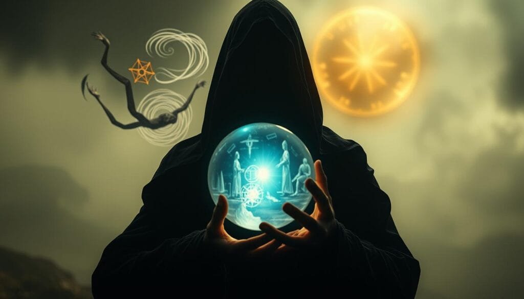 A surreal, dreamlike vision of modern prophetic interpretation. In the foreground, a robed figure gazes into a glowing crystal ball, their face obscured in shadows. Swirling ethereal energies and arcane symbols drift in the middle ground, hinting at occult mysteries. The background is a hazy, indistinct landscape, tinged with an ominous, foreboding atmosphere. Soft, dramatic lighting casts dramatic chiaroscuro shadows, creating a sense of mystery and tension. The overall composition evokes a sense of the unknown, the mystical, and the hidden knowledge of the future.