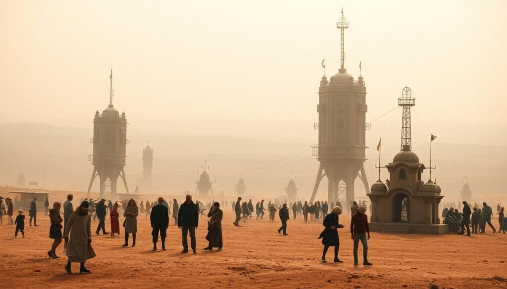 A surreal scene of local events unfolding across a vast, otherworldly landscape. In the foreground, a peculiar gathering of oddly-dressed individuals engaged in peculiar activities, their movements captured with a dreamlike quality. The middle ground features towering structures of unknown purpose, their architectural styles blending the familiar and the bizarre. In the distant background, a horizon line that stretches endlessly, hinting at the expansive scale of this strange and captivating world. Warm, diffused lighting filters through a hazy atmosphere, imbuing the scene with a sense of mystery and intrigue. Shooting at a slightly elevated angle, the composition captures the full scope of this extraordinary spectacle, inviting the viewer to immerse themselves in its peculiar and captivating details.