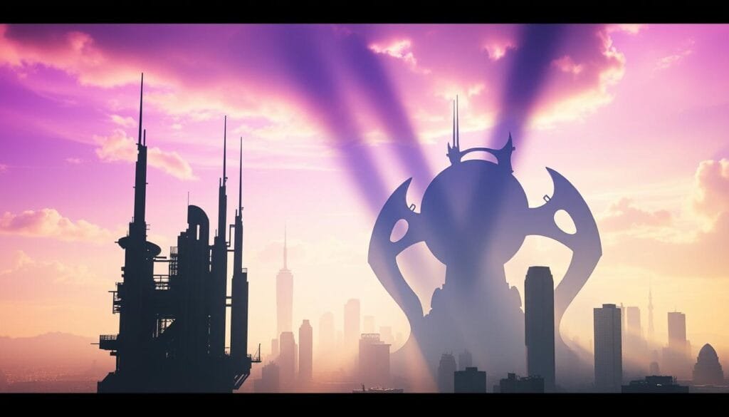 A surreal urban landscape, where the boundaries between reality and fiction blur. In the foreground, a towering structure emerges, its architectural design blending elements of the familiar and the fantastical. The middle ground is a hazy cityscape, with skyscrapers and strange silhouettes casting long shadows across the scene. The background is a dreamlike sky, awash in vibrant hues of purple, blue, and gold, creating an ethereal, almost otherworldly atmosphere. The lighting is dramatic, casting dramatic highlights and shadows that add depth and mystery to the composition. The overall mood is one of intrigue and exploration, as the viewer is drawn into this enigmatic world where urban legends and reality coexist.
