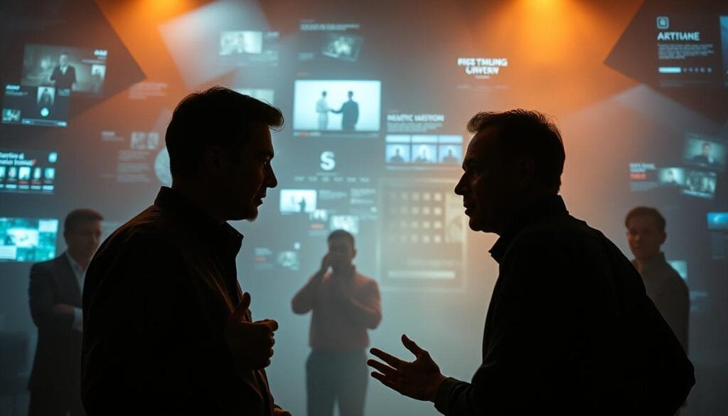 A thought-provoking debate unfolds against a backdrop of cinematic technology. In the foreground, two figures engage in a spirited discussion, their gestures and expressions conveying the weight of the ethical dilemma. The middle ground is a hazy, dreamlike realm, where snippets of film footage and digital interfaces intermingle, hinting at the creative possibilities and moral quandaries of AI-driven cinema. The background is a tapestry of shadows and light, evoking the timeless nature of the artistic and philosophical quests at the heart of this debate. Soft, warm lighting bathes the scene, creating an atmosphere of contemplation and discovery. A cinematic, almost noir-esque aesthetic pervades the image, underscoring the profound and complex questions at the intersection of ethics, technology, and the art of storytelling.