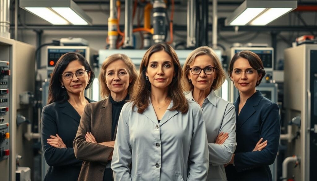 A thoughtful group portrait of five distinguished women pioneers in science and technology, standing proudly against a backdrop of cutting-edge machinery and laboratory equipment. The subjects have a determined, confident demeanor, their faces illuminated by warm, focused lighting that accentuates their resolute expressions. The composition is balanced, with the women positioned in the foreground, surrounded by a detailed, technically-rich environment in the middle and background layers. An aura of innovation and intellectual prowess permeates the scene, capturing the significant contributions these trailblazing individuals have made to the advancement of human knowledge and progress.