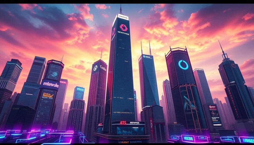A towering cityscape of gleaming skyscrapers representing the technological titans of the metaverse, their logos and branding prominent against a vivid, neon-tinged sky. In the foreground, holographic interfaces and augmented reality projections demonstrate the innovative technologies that will shape the future digital landscape. The scene is bathed in an ethereal, almost otherworldly glow, conveying the sense of a new frontier emerging from the convergence of the physical and virtual worlds. Cinematic lighting and a dramatic, low-angle perspective lend an air of power and ambition to the image, capturing the outsized role of major corporations in driving the evolution of the metaverse.