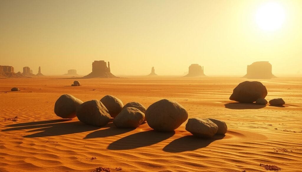 A vast, arid desert landscape under the glow of a warm, golden sun. In the foreground, a cluster of smooth, rounded boulders of varying sizes seemingly defy gravity, hovering and gliding across the sun-baked sand as if guided by an unseen force. The rocks cast long, dramatic shadows that stretch and shift with their otherworldly movement. The middle ground reveals distant, jagged rock formations that cast dramatic shadows, creating an eerie, alien ambiance. The background fades into a hazy horizon, where the desert merges with the boundless sky. An atmosphere of mystery and the unexplained permeates the scene, inviting the viewer to ponder the enigmatic nature of these "self-moving stones".